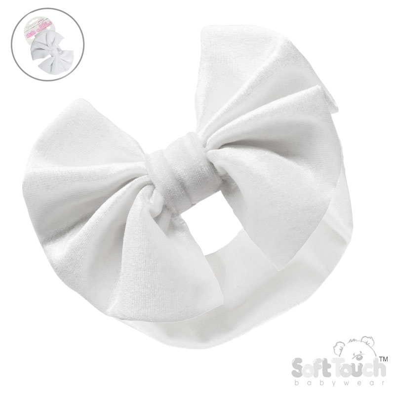 White Velour Headband w/Bow : HB114-W