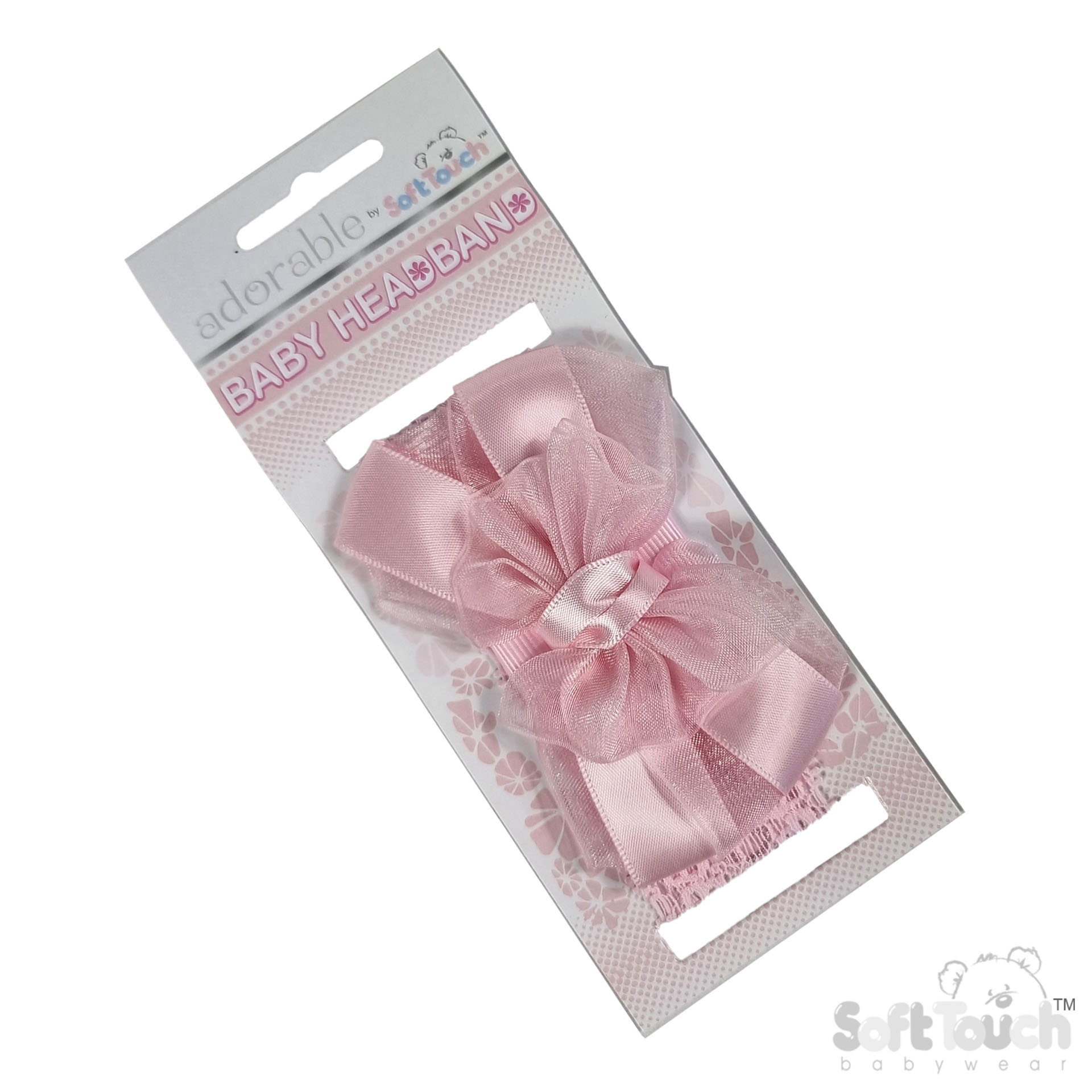 Pink Lace Headband w Satin/Organza Bow : HB116-P