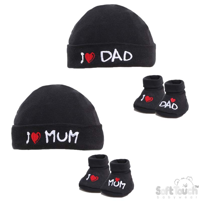 Black Baby Hat & Bootee Set - I Love M/D: HB12-BLK