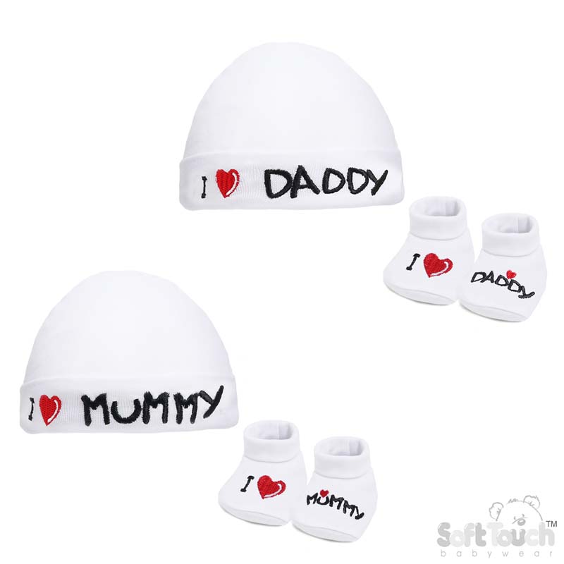 White Baby Hat & Bootee Set - I Love M/D: HB12-W