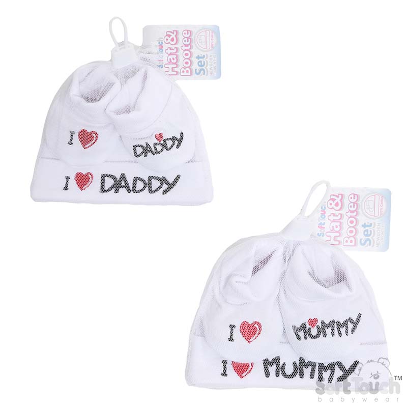 White Baby Hat & Bootee Set - I Love M/D: HB12-W