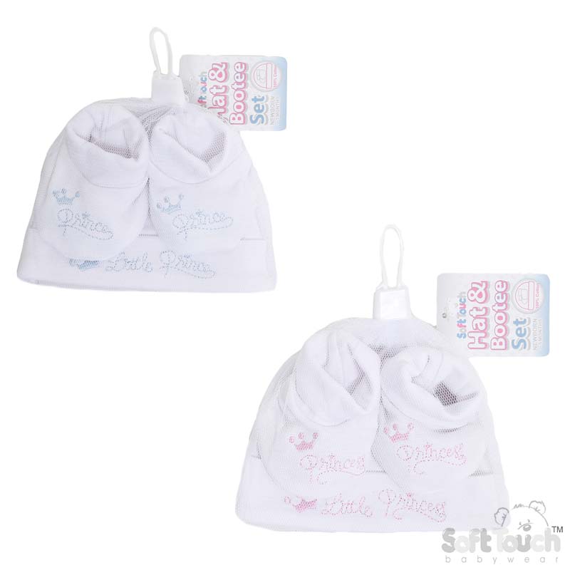 White Little Prince/Princess Hat & Bootee Set HB26