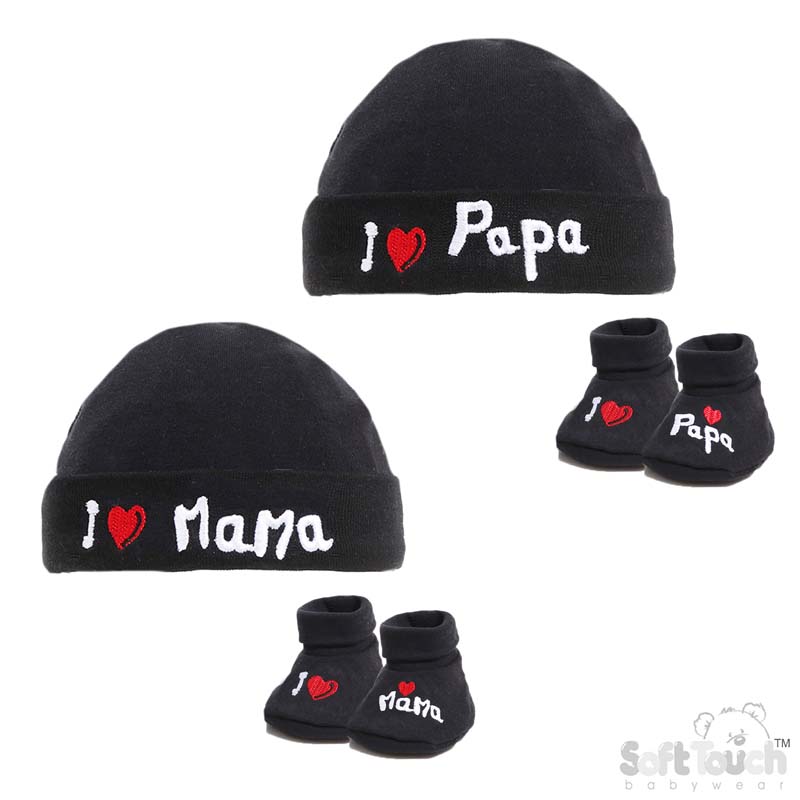 Black Baby Hat & Bootee Set - I Love M/P: HB30-BLK