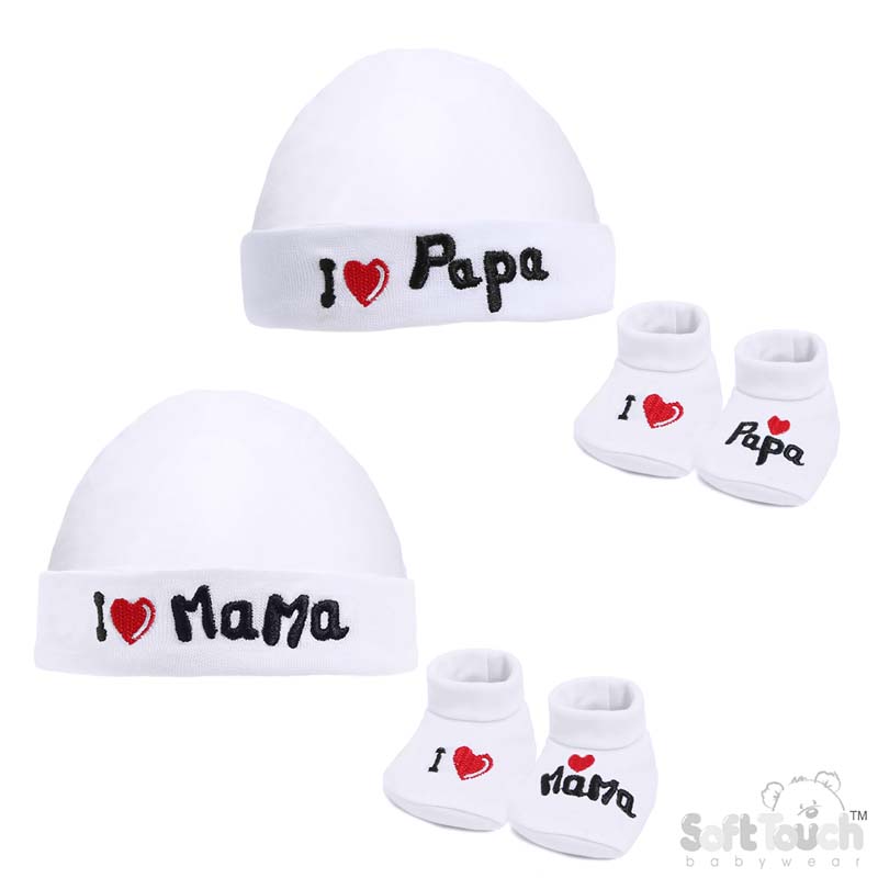White Baby Hat & Bootee Set - I Love M/P: HB30-W