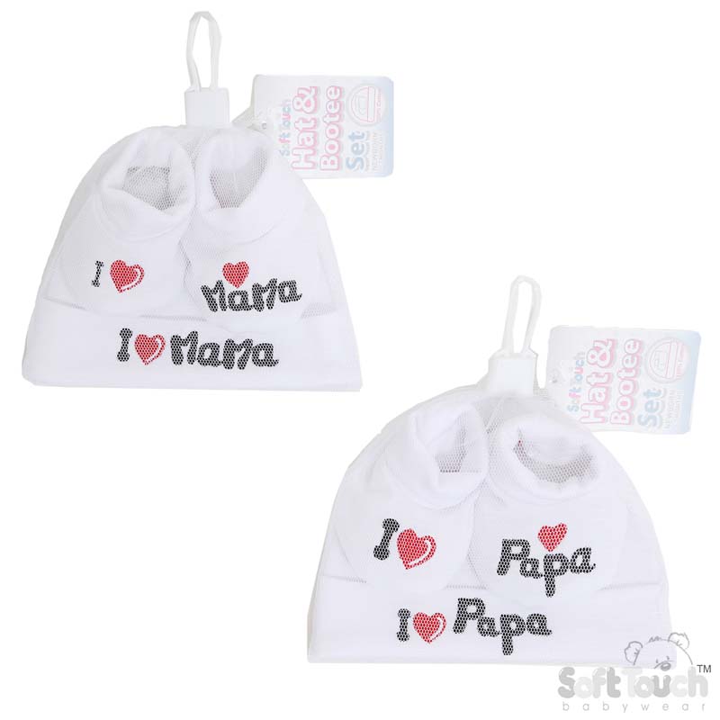 White Baby Hat & Bootee Set - I Love M/P: HB30-W