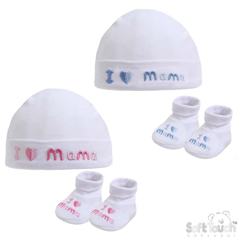 White I Love Mama Hat & Bootee Set No. HB32-M