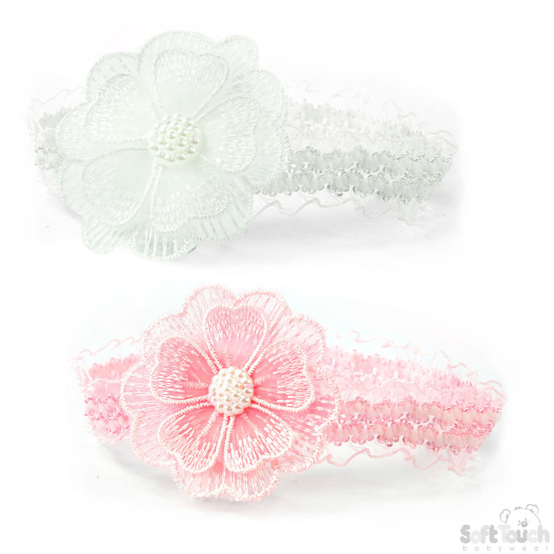 Pink/White Lace Headbad W/Flower & Pearl No. HB41