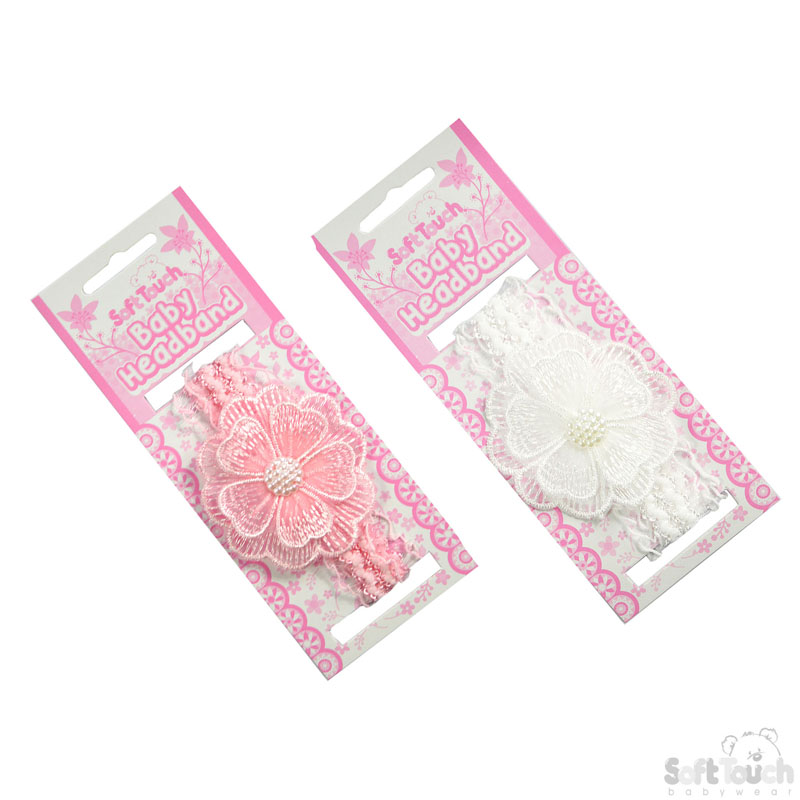 Pink/White Lace Headbad W/Flower & Pearl No. HB41