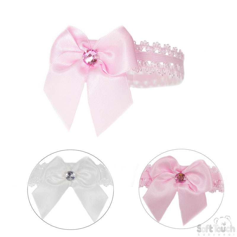 Pink/White Lace Headband W/Bow & Gem No. HB42