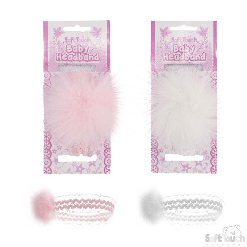 White/Pink Lace Headband W/ Pom Pom No. HB44