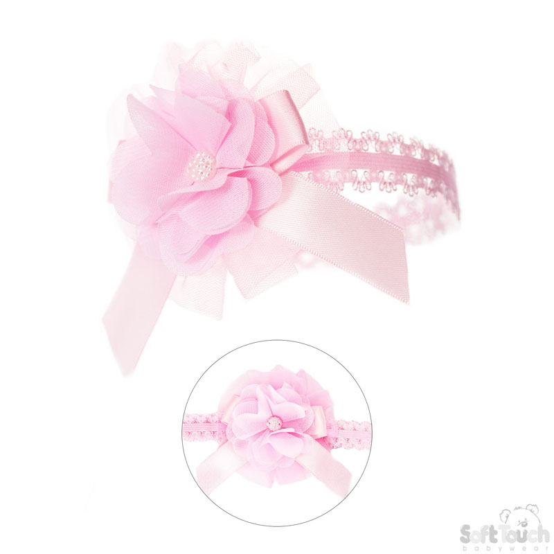 Pink Lace Headband W/ Flower, Bow & Gem No. HB45-P