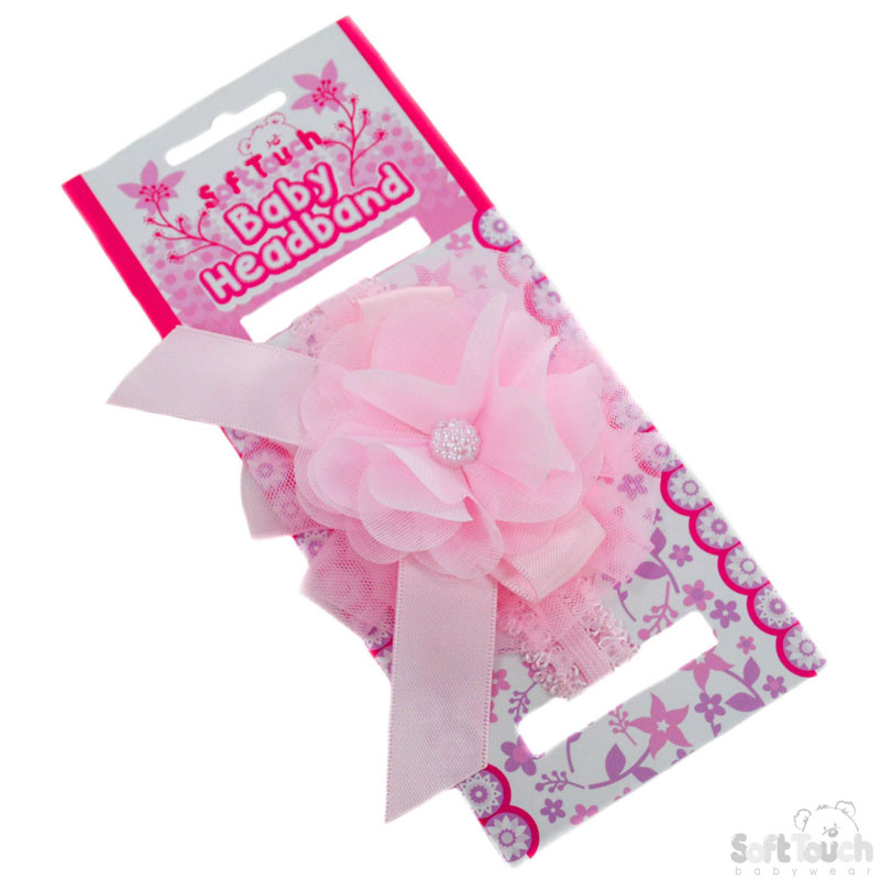 Pink Lace Headband W/ Flower, Bow & Gem No. HB45-P