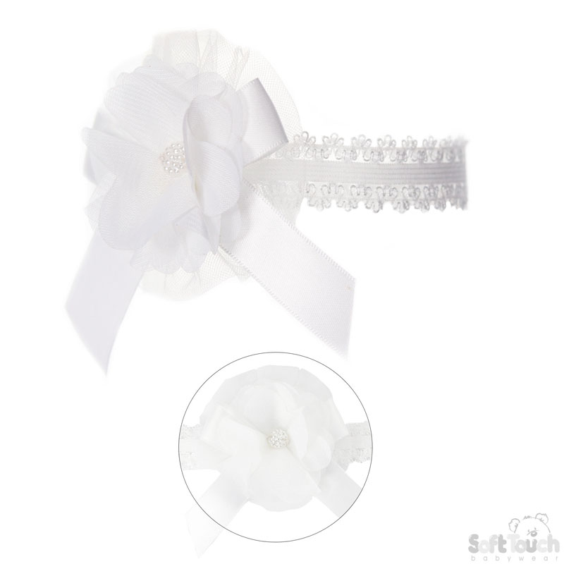 White Lace Headband W/Flower, Bow & Gem No. HB45-W