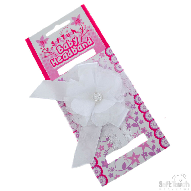 White Lace Headband W/Flower, Bow & Gem No. HB45-W