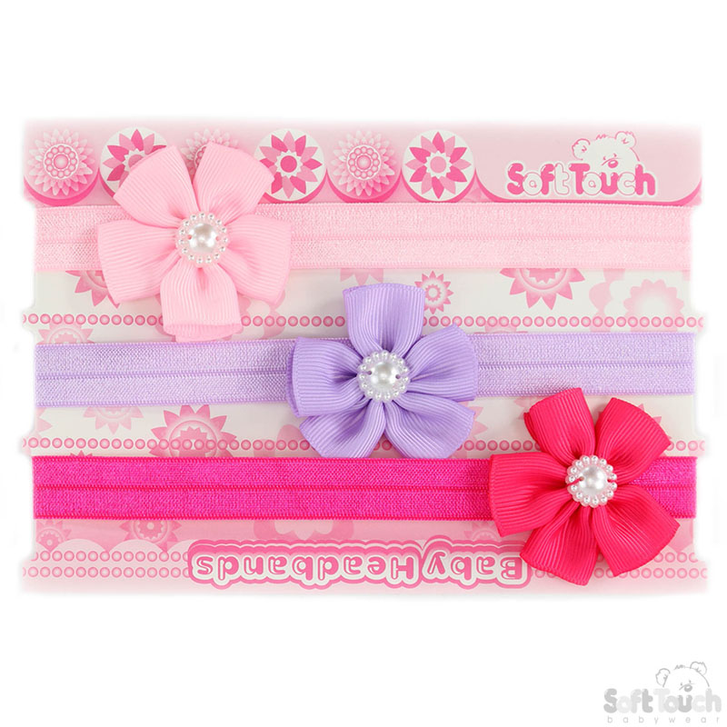 3 Pack Girls Headband W/Flower & Pearl No. HB49