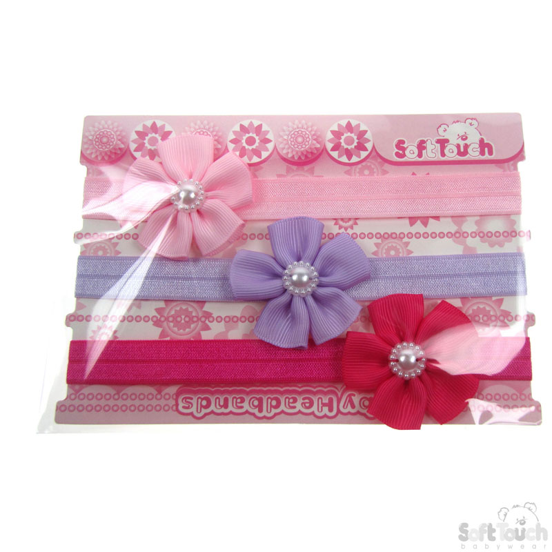 3 Pack Girls Headband W/Flower & Pearl No. HB49