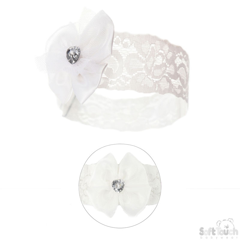 Cream Lace Headband W/Bow & Gemstone No.HB60-C