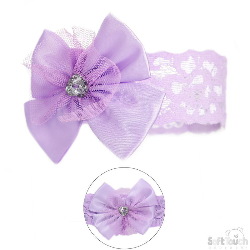 Lilac Lace Headband W/Bow & Gemstone No. HB60-L