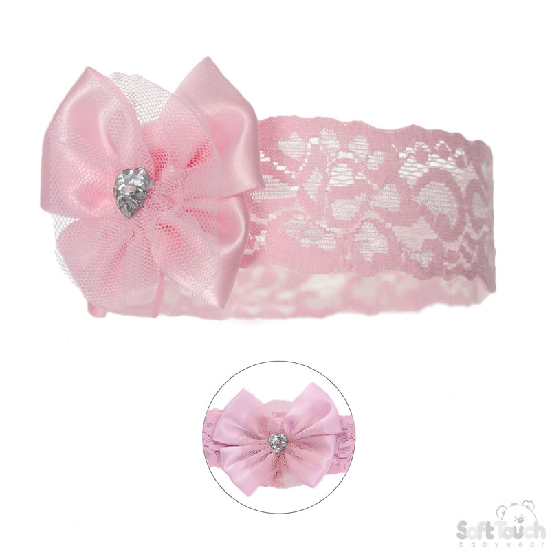 Pink Lace Headband with Bow & Diamonte HB60-P