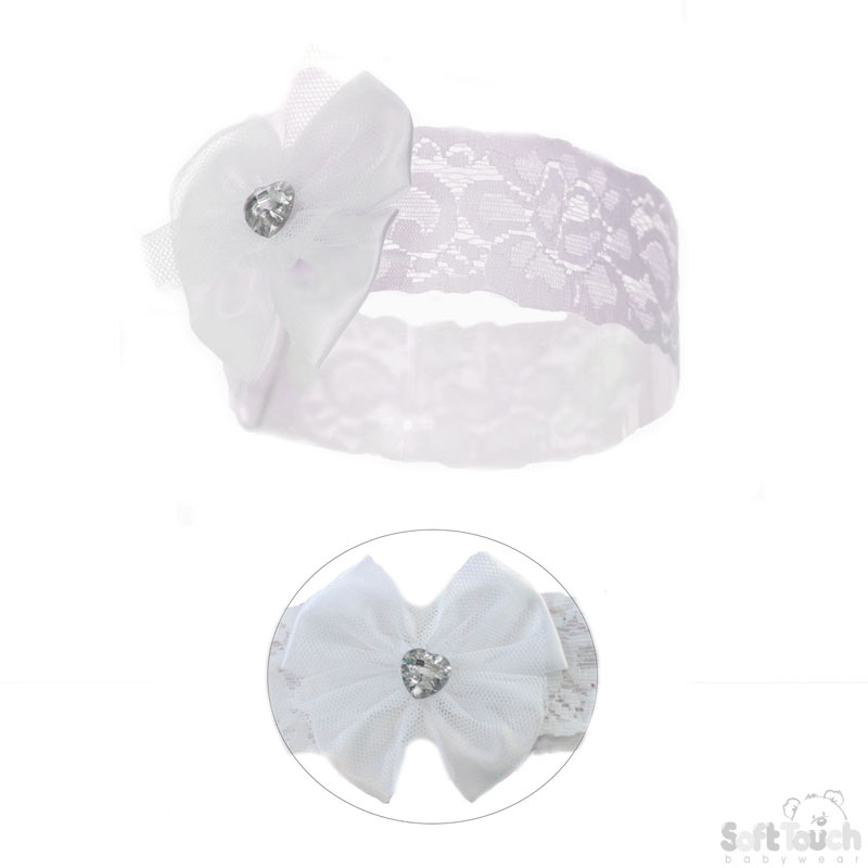 White Lace Headband W/Bow & Gemstone HB60-W