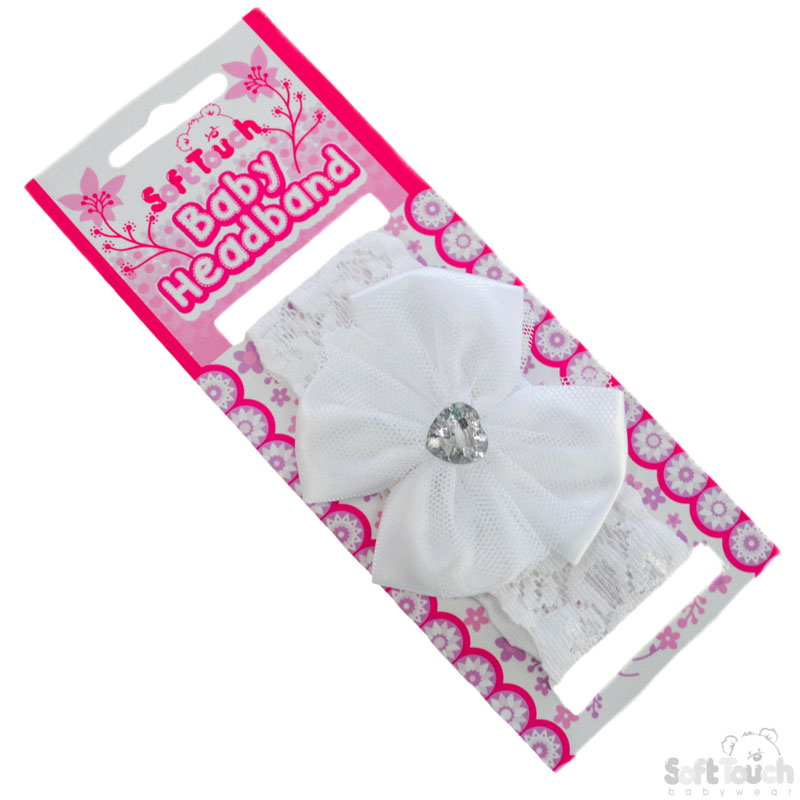 White Lace Headband W/Bow & Gemstone HB60-W