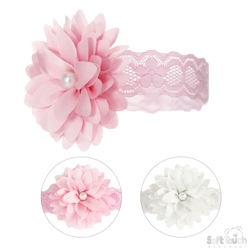 Pink/White Lace Headband W/Flower & Pearl No. HB61