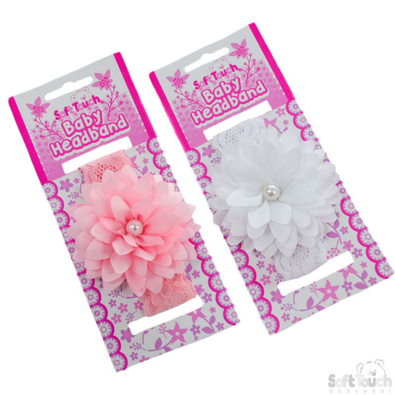 Pink/White Lace Headband W/Flower & Pearl No. HB61