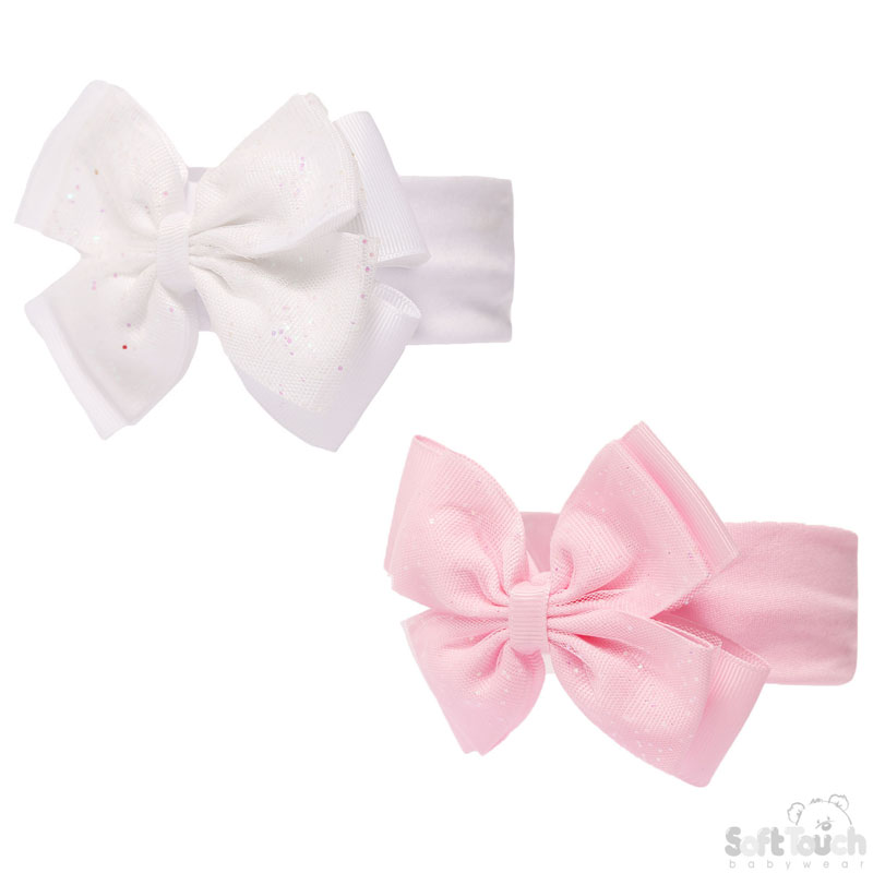 White/Pink Glitter Headband W/Bow No. HB92
