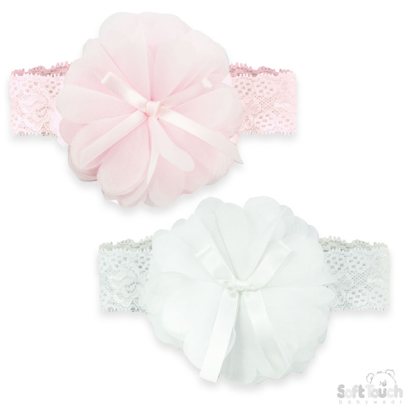 Pink & White Headband w/Organza Flower & Bow : HB95