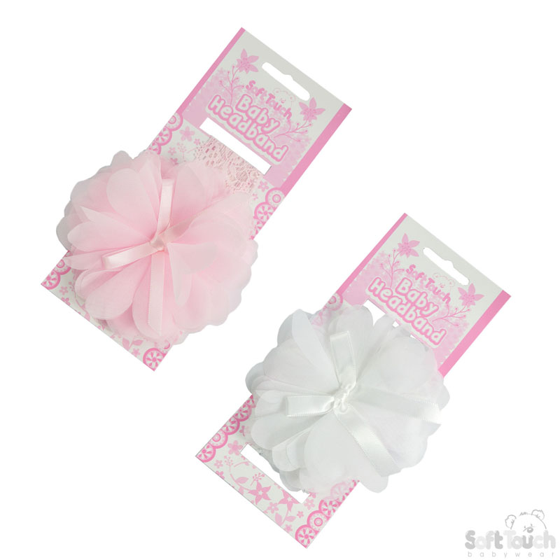 Pink & White Headband w/Organza Flower & Bow : HB95