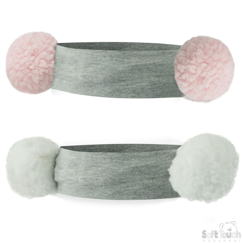 Grey Headband w/ Pink/White Pom Poms: HB96