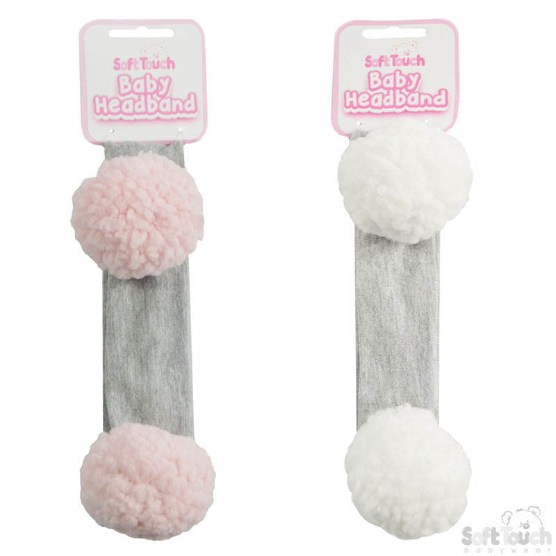 Grey Headband w/ Pink/White Pom Poms: HB96