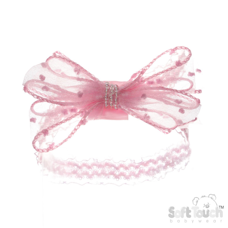 Pink Lace Headband w/Organza/Pearl Bow : HB98-P