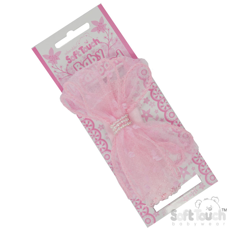 Pink Lace Headband w/Organza/Pearl Bow : HB98-P