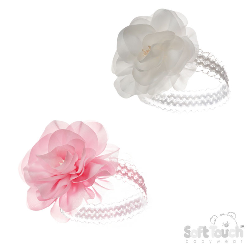 White/Pink Lace Headband w/Matching Flower : HB99