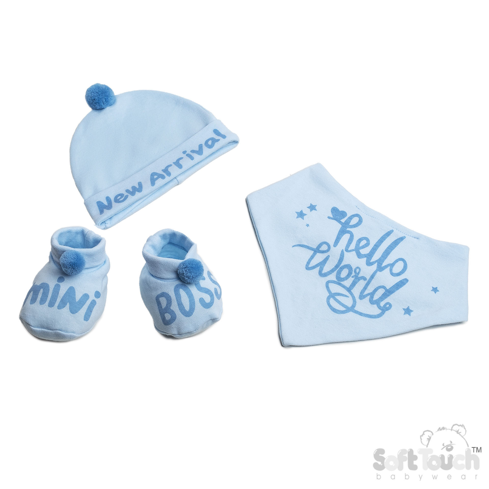 Blue Bib, Hat & Bootee Set W/Pom Pom No. HBB254-B