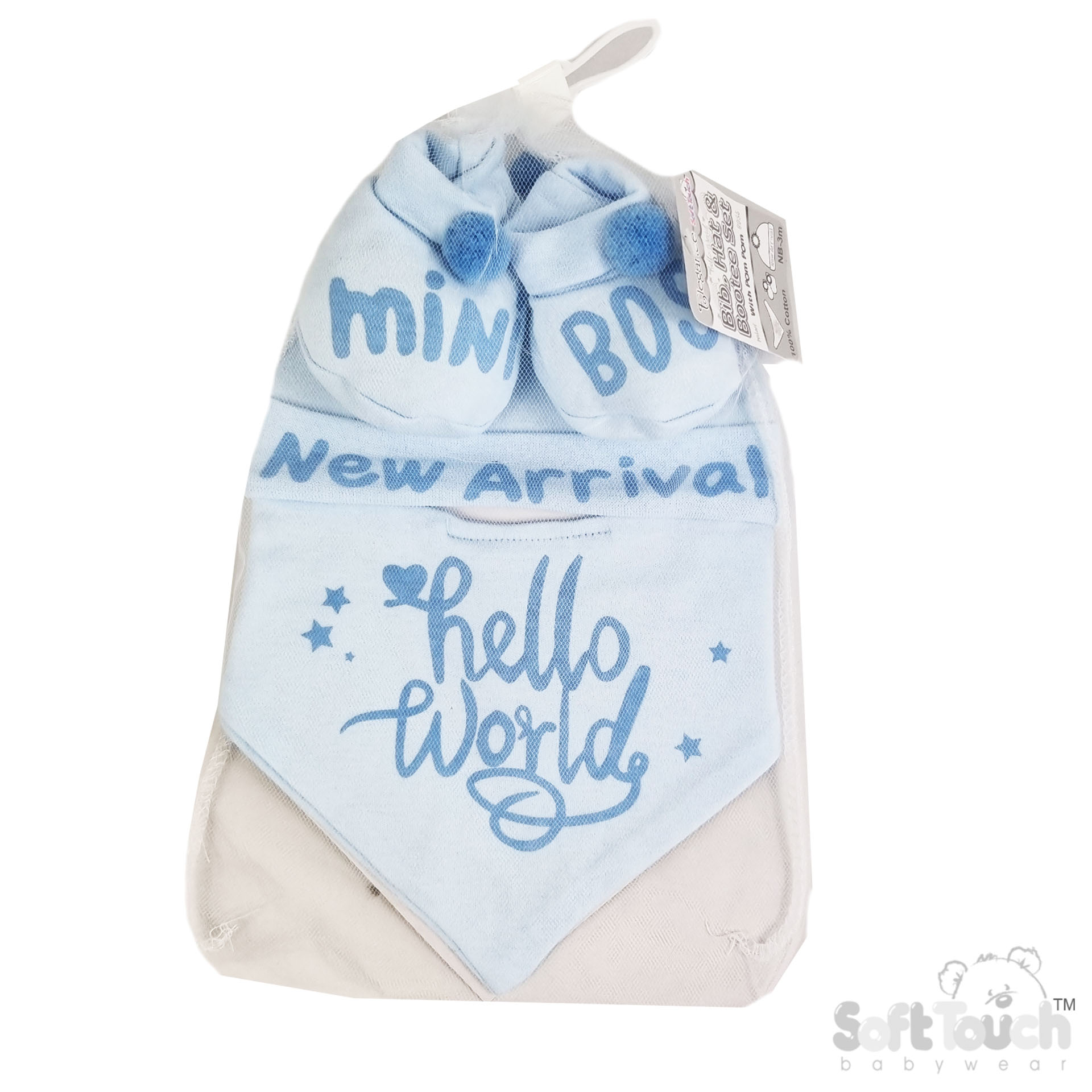 Blue Bib, Hat & Bootee Set W/Pom Pom No. HBB254-B