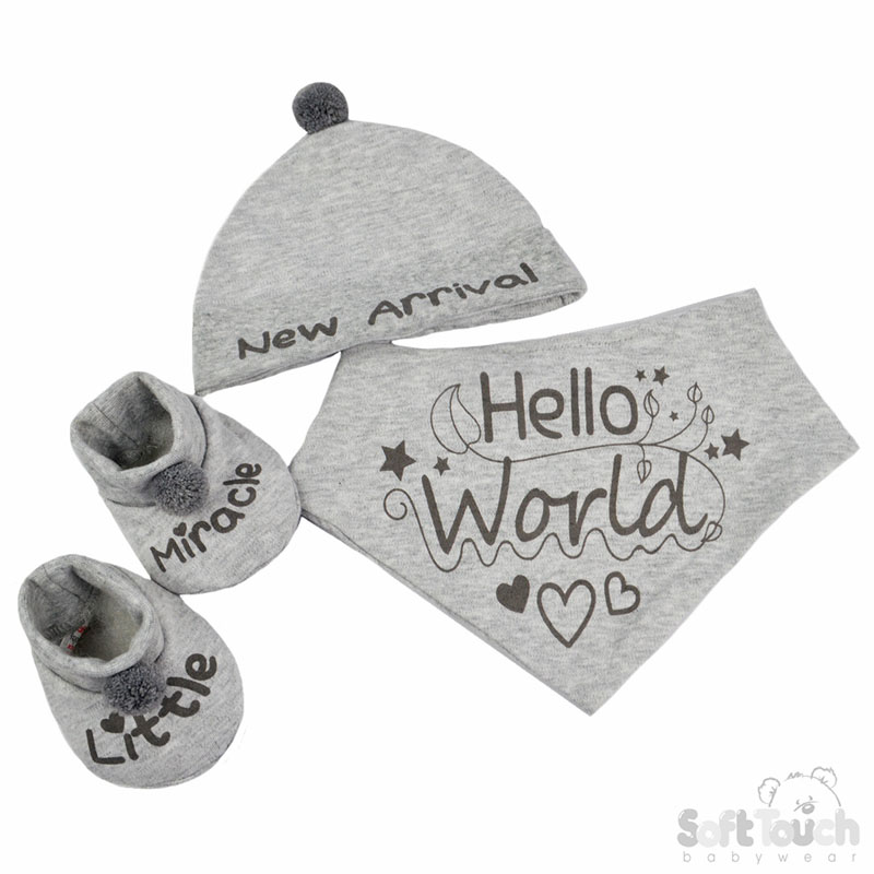 Grey Bib, Hat & Bootee Set W/Pom Pom No. HBB254-G