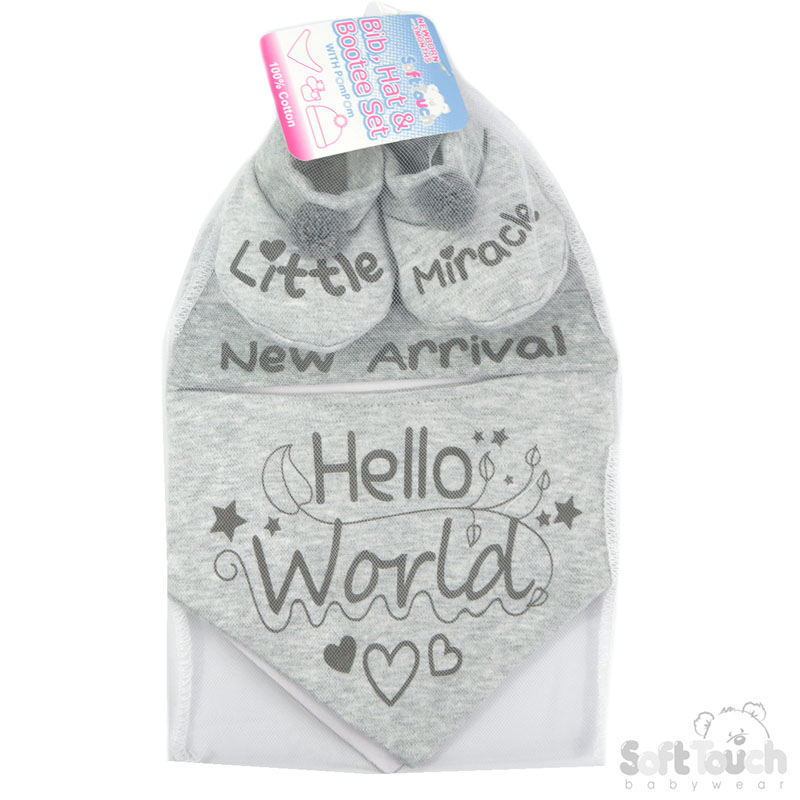 Grey Bib, Hat & Bootee Set W/Pom Pom No. HBB254-G