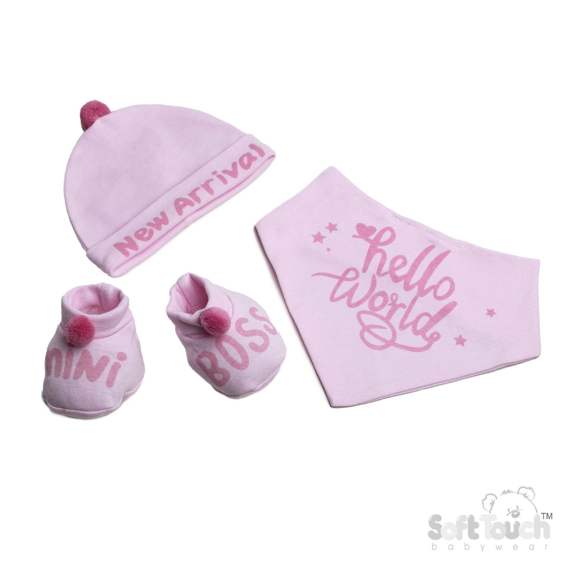 Pink Bib, Hat & Bootee Set W/Pom Pom No. HBB254-P