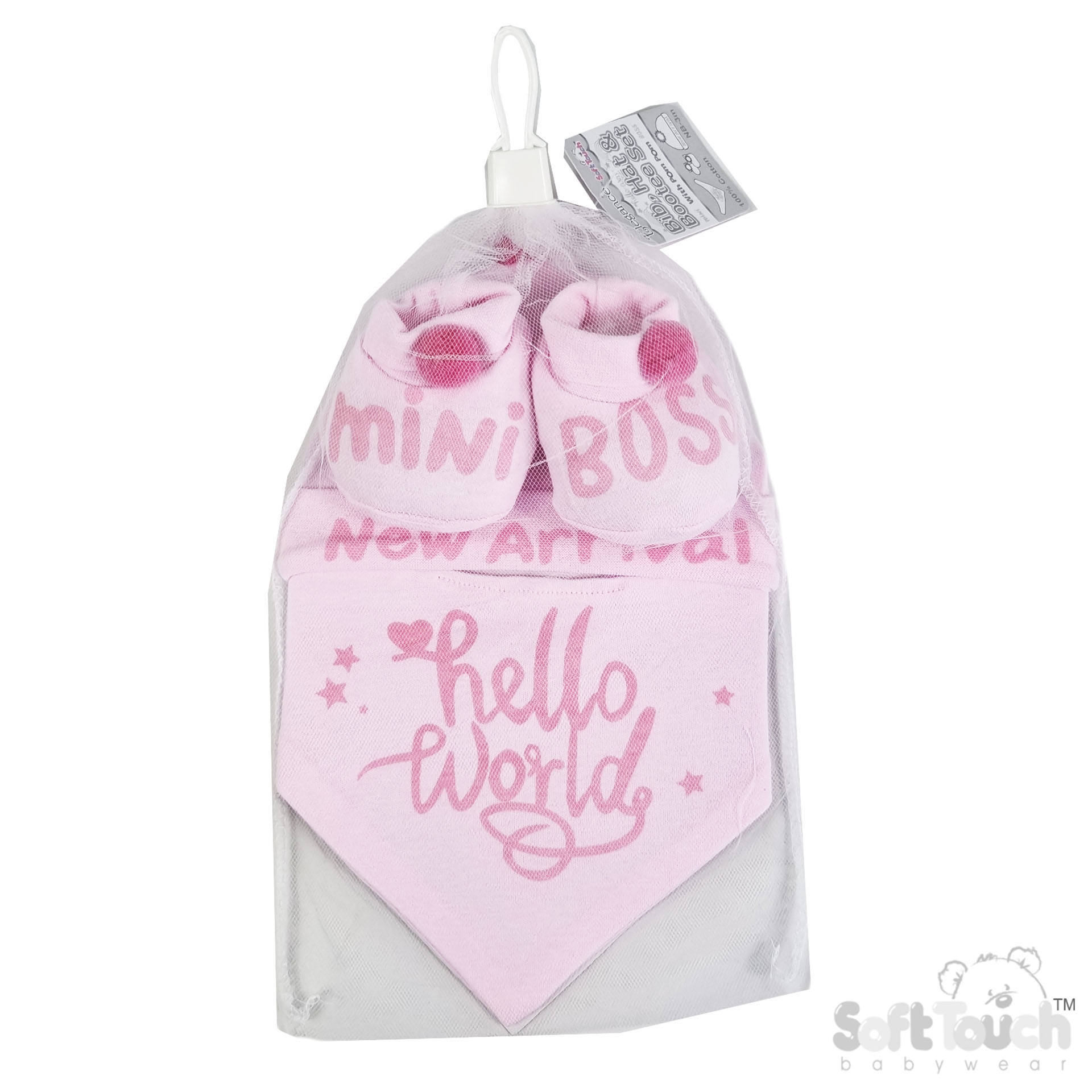 Pink Bib, Hat & Bootee Set W/Pom Pom No. HBB254-P