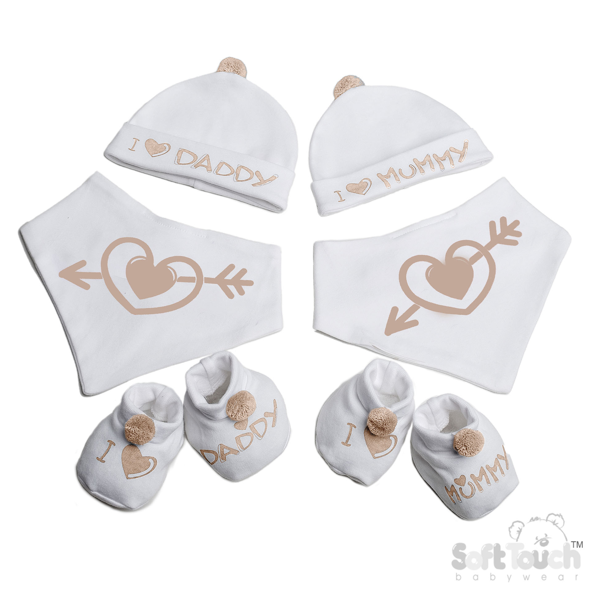 Biscuit Bib, Hat & Bootee Set with Pom Pom : HBB258-BI