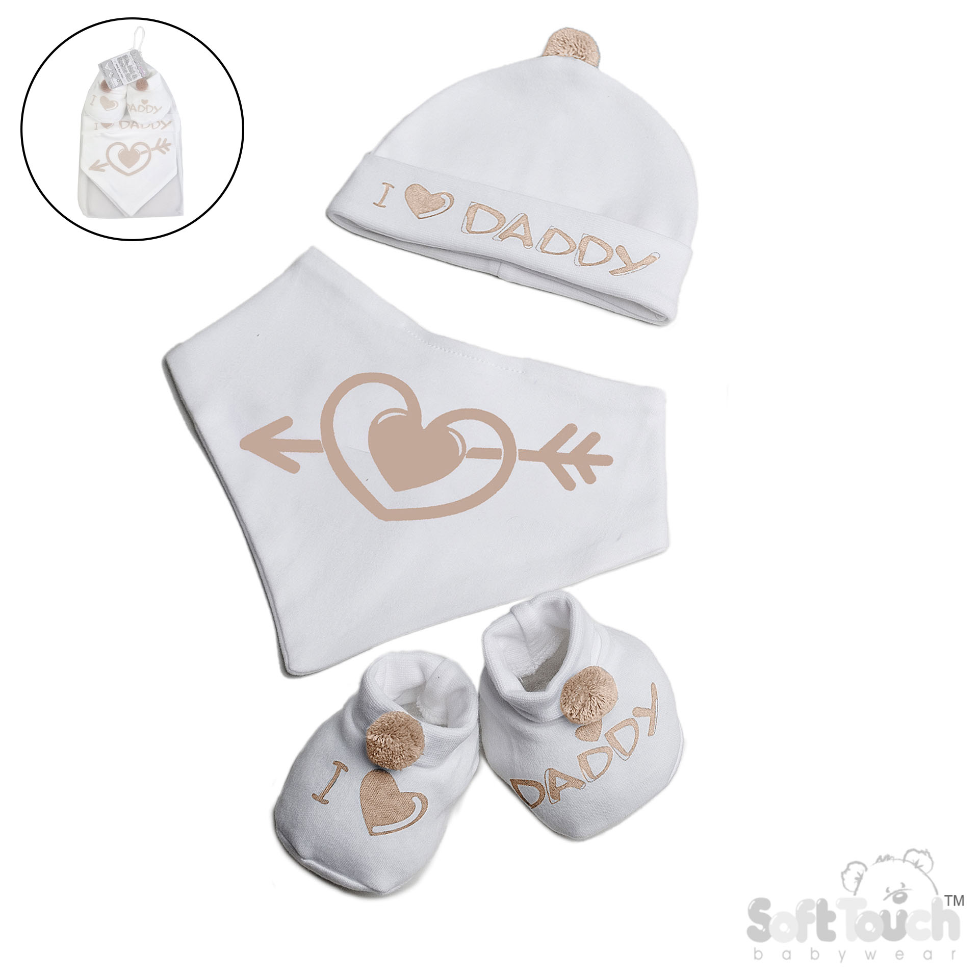 Biscuit Bib, Hat & Bootee Set with Pom Pom : HBB258-BI