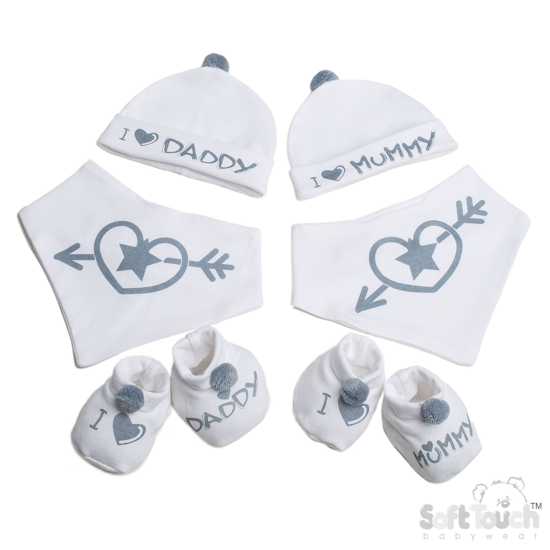 Dusty Blue Bib, Hat & Bootee Set with Pom Pom : HBB258-DB