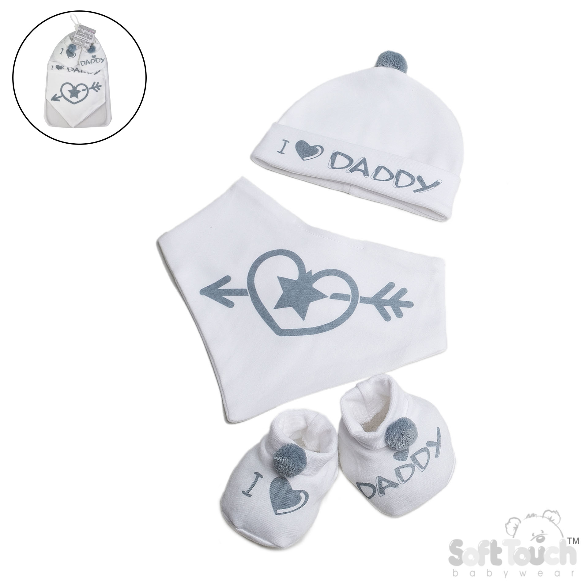 Dusty Blue Bib, Hat & Bootee Set with Pom Pom : HBB258-DB