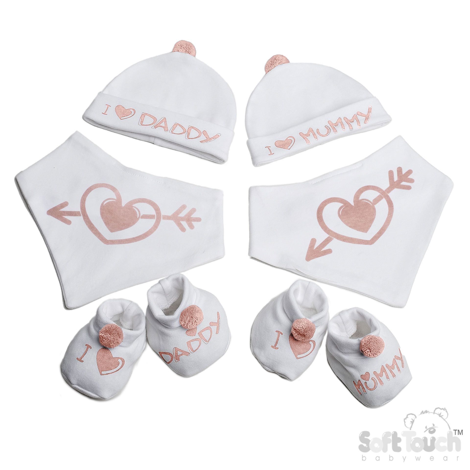Dusty Pink Bib, Hat & Bootee Set with Pom Pom : HBB258-DP