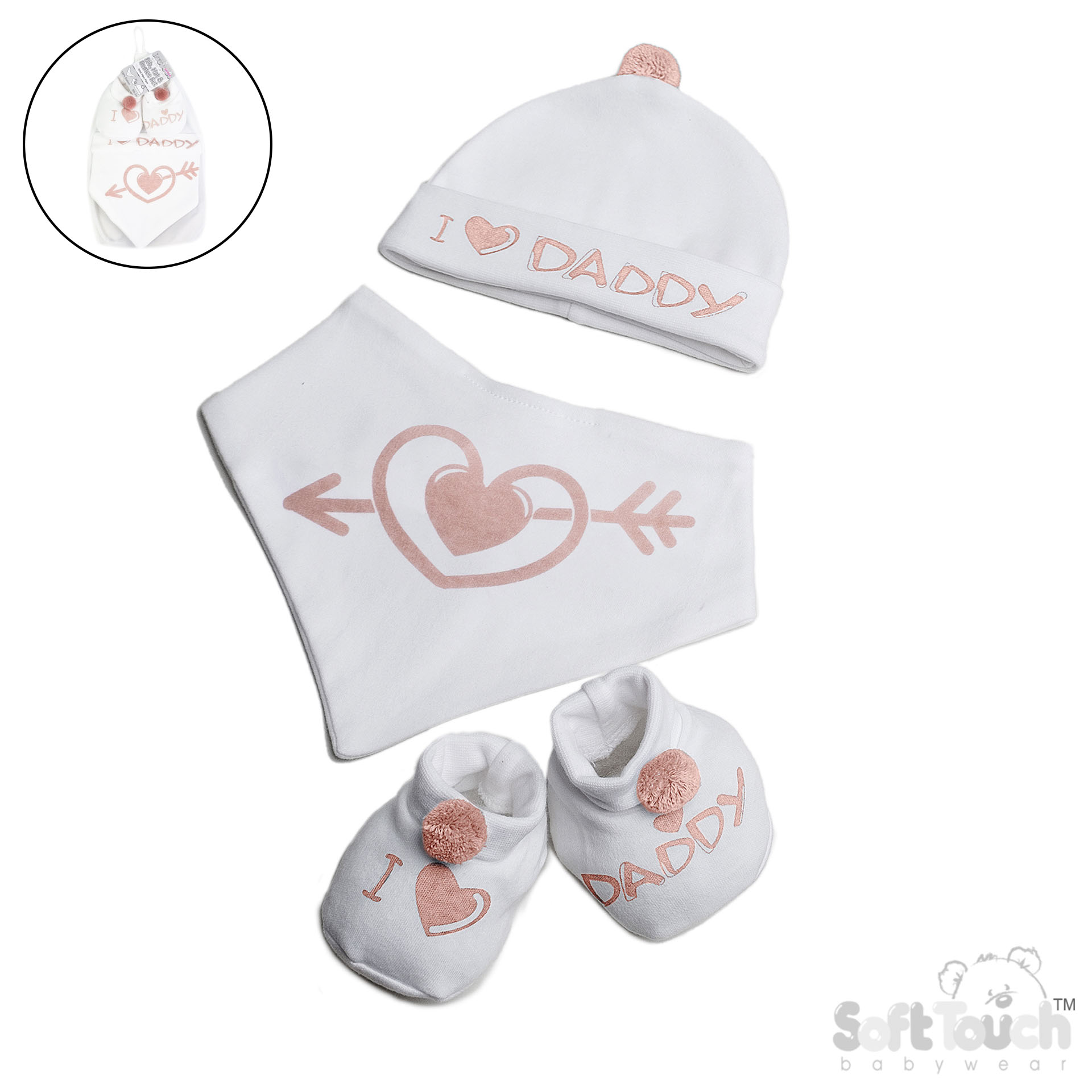 Dusty Pink Bib, Hat & Bootee Set with Pom Pom : HBB258-DP