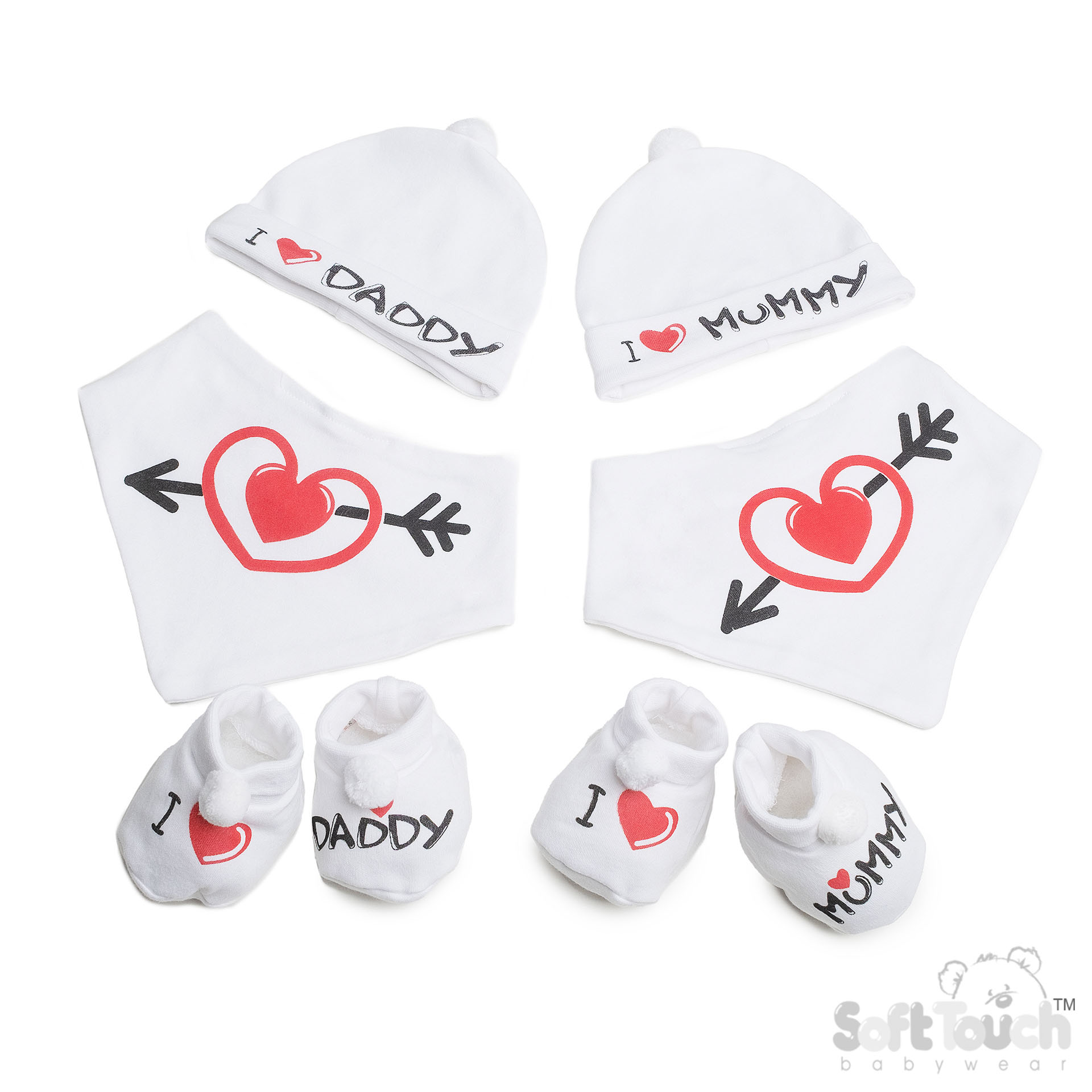 Red/Black Bib, Hat & Bootee Set with Pom Pom : HBB258-RB