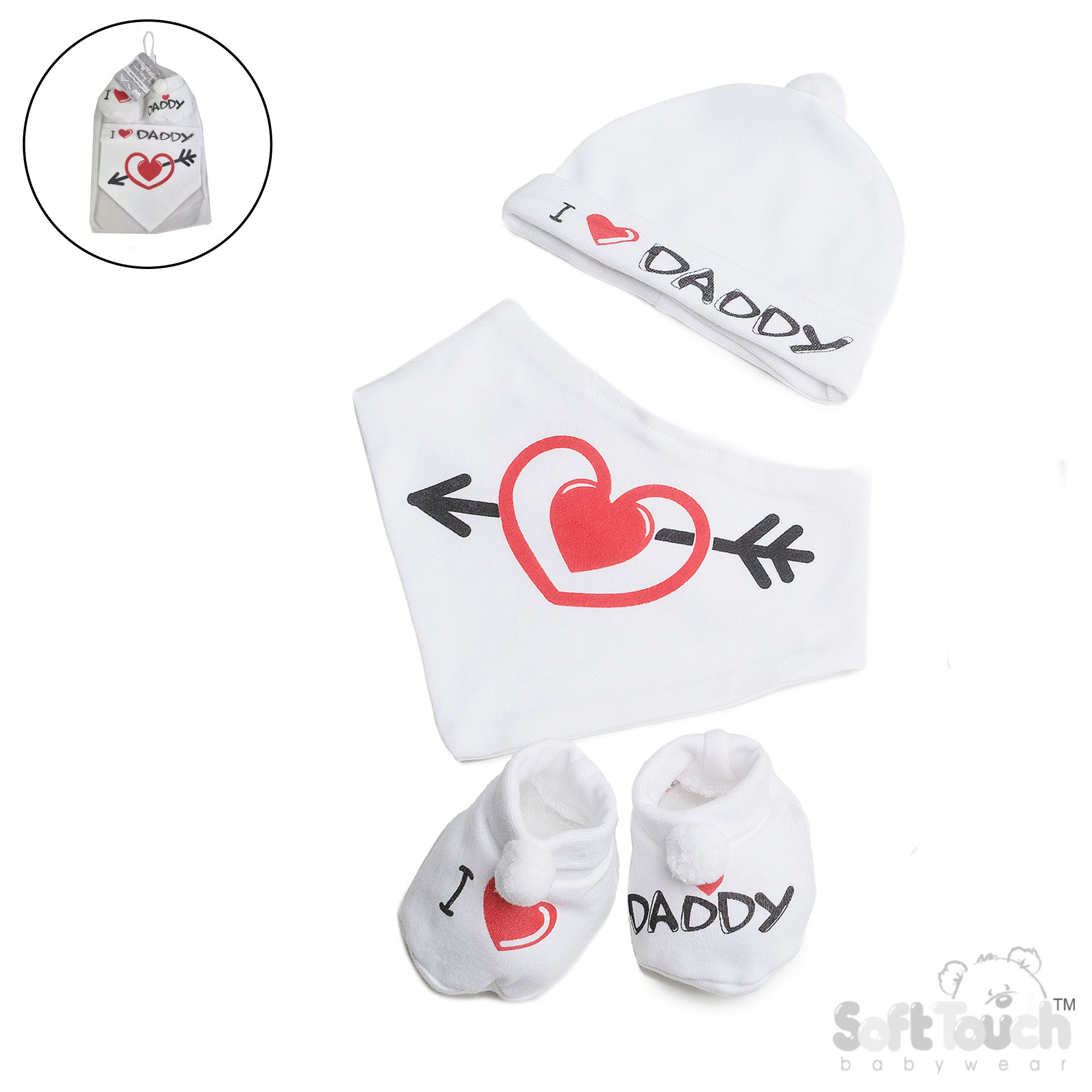 Red/Black Bib, Hat & Bootee Set with Pom Pom : HBB258-RB