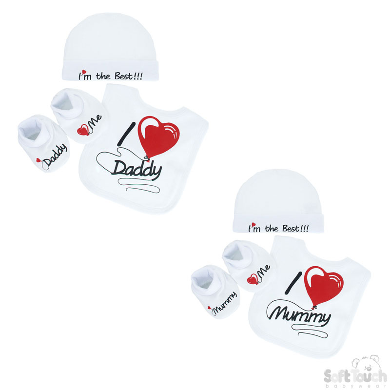 White 'Mum/Dad' Bib, Hat & Bootee Set No. HBB258